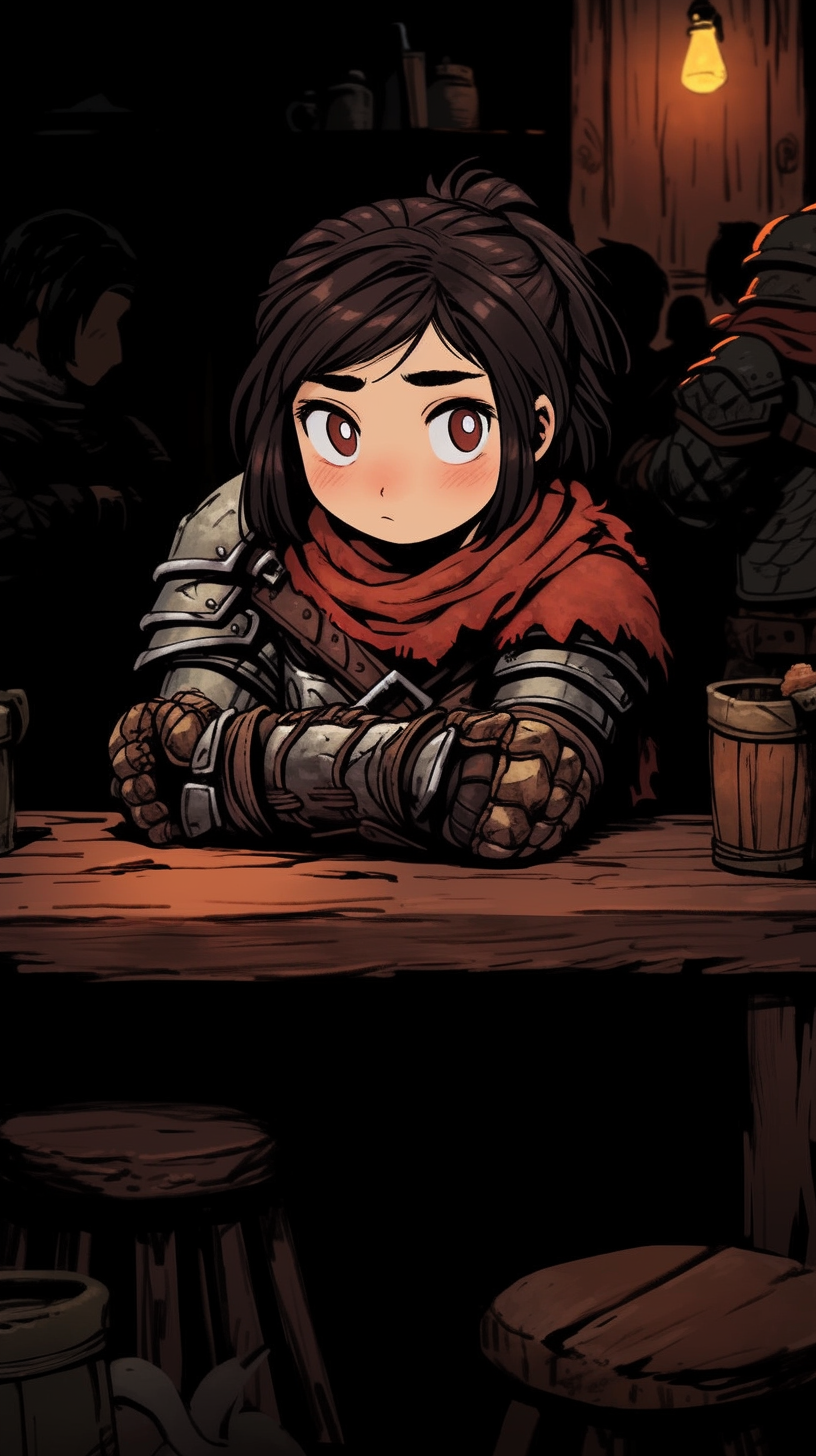 female gnome in leather armor and red scarf sitting