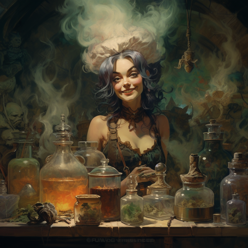 Portrait of a Happy Female Gnome Selling Potions