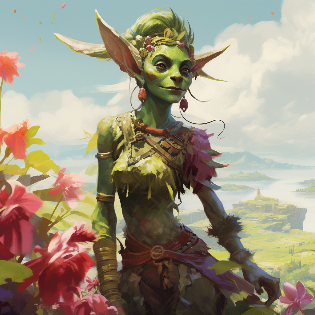 Lime Green Female Goblin in Flowering Meadows