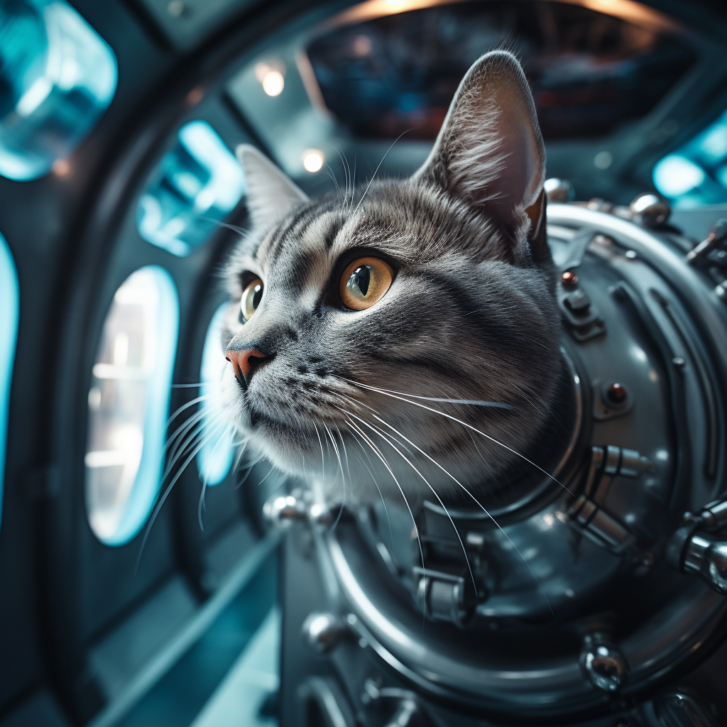 Gray cat in spaceship shelter