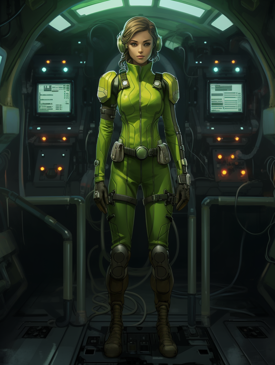 Female green slime engineer at spaceship console