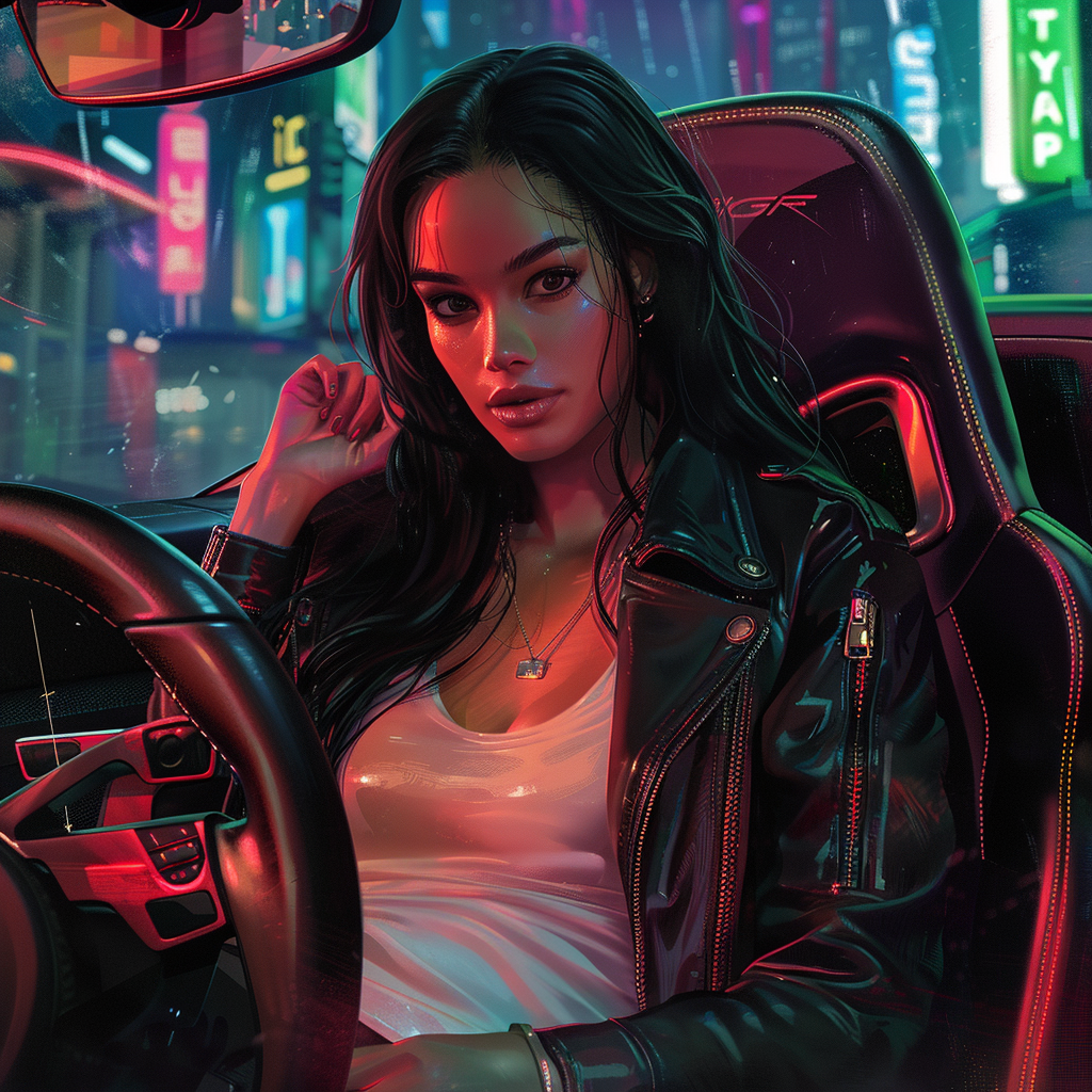 Female hacker in luxury jacket sitting in sports car