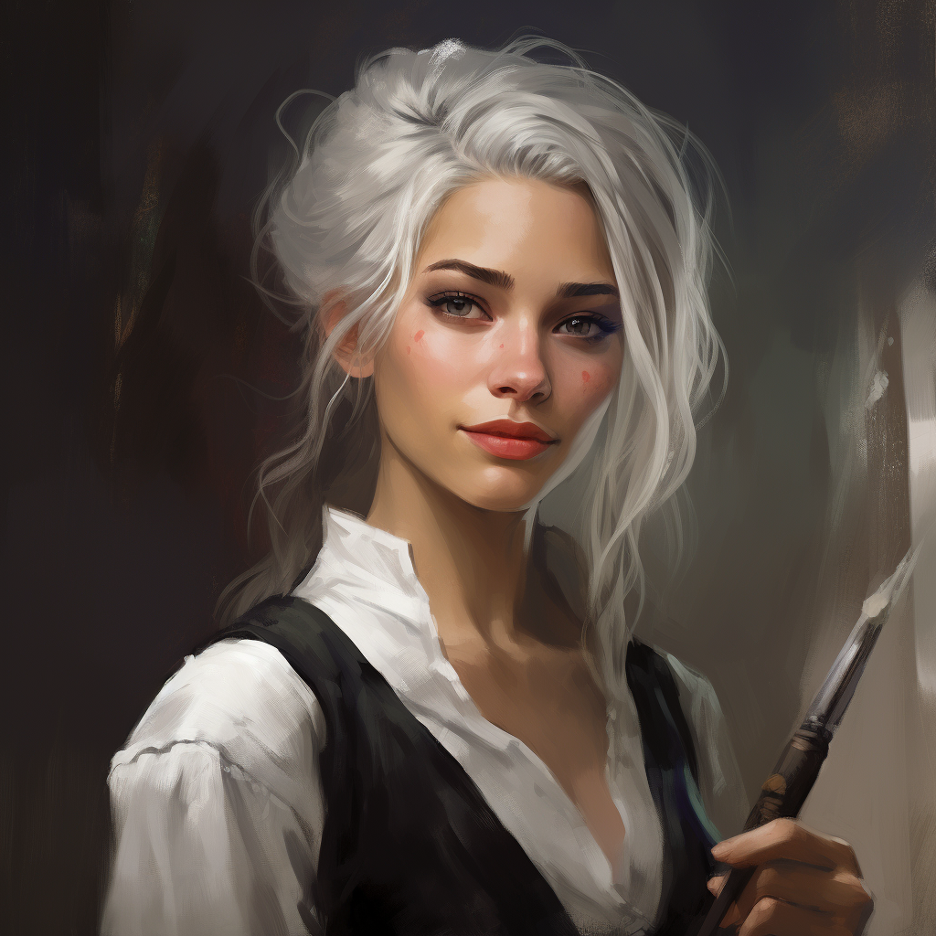 Young female half-elf painting with a brush