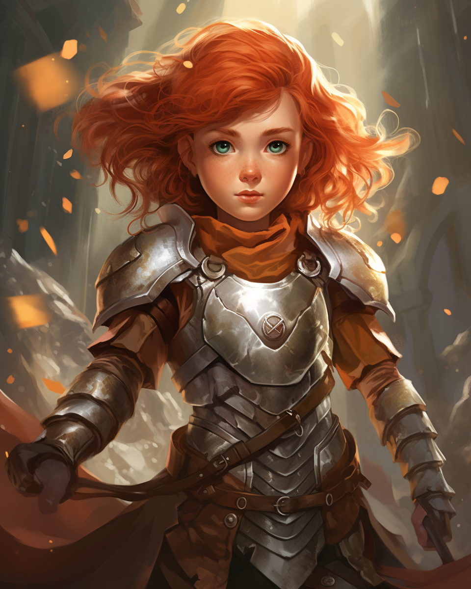 Brave female halfling in armor with sword and shield