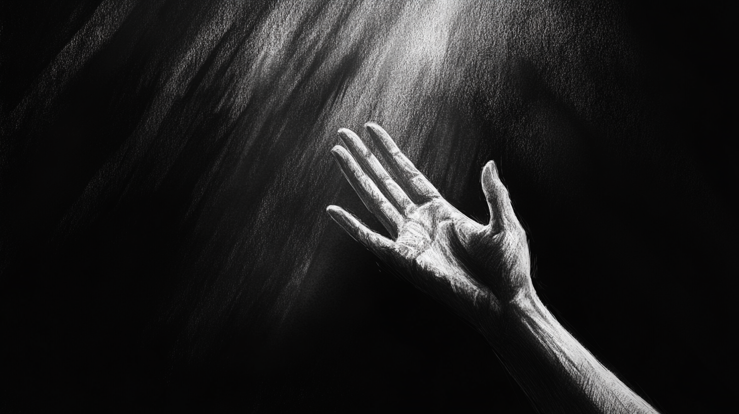 female hand reaching out from darkness towards light concept