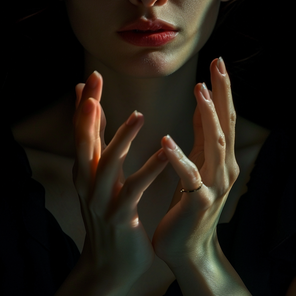 Female hands shushing gesture realistic cinematic