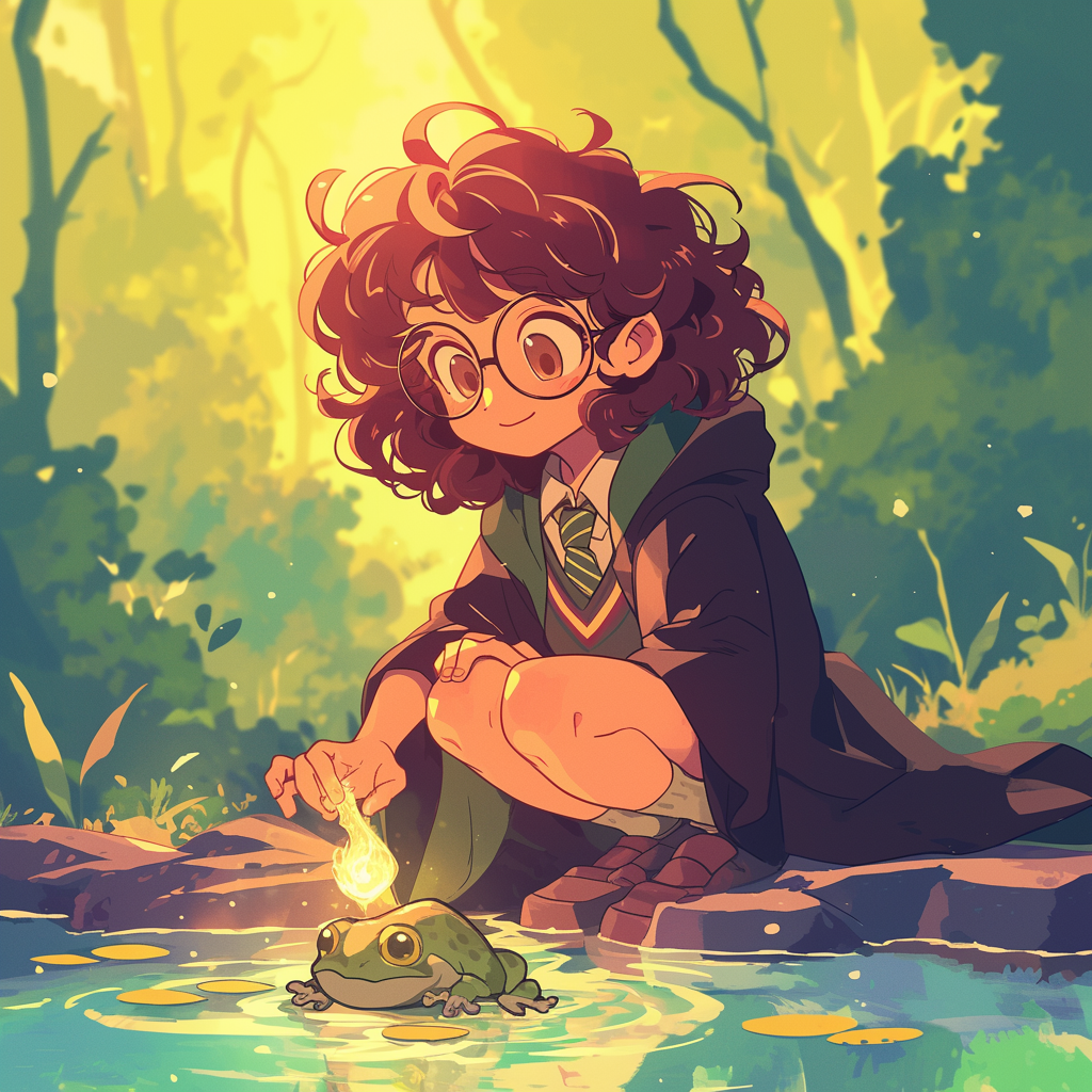 Female Harry Potter conjuring cute frog in forest lake