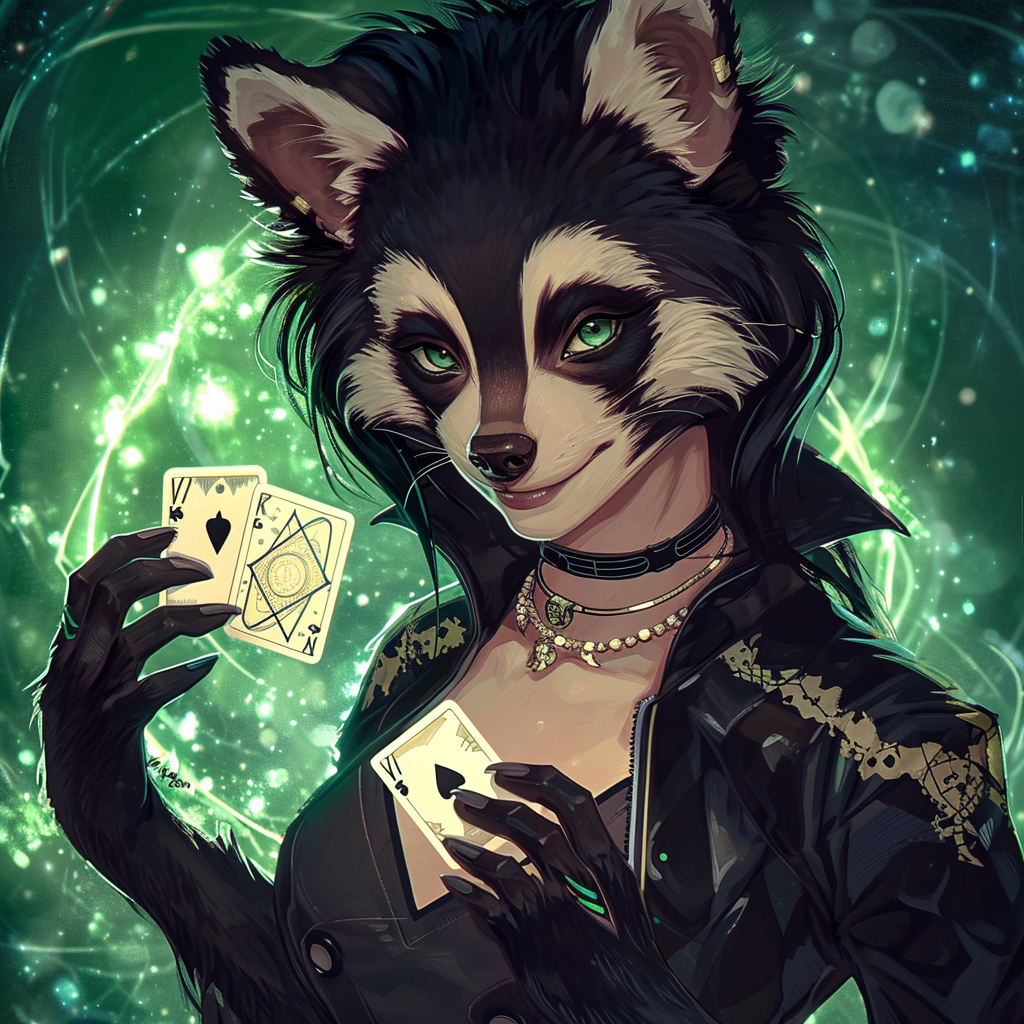 Female hybrid with playing cards and tech suit