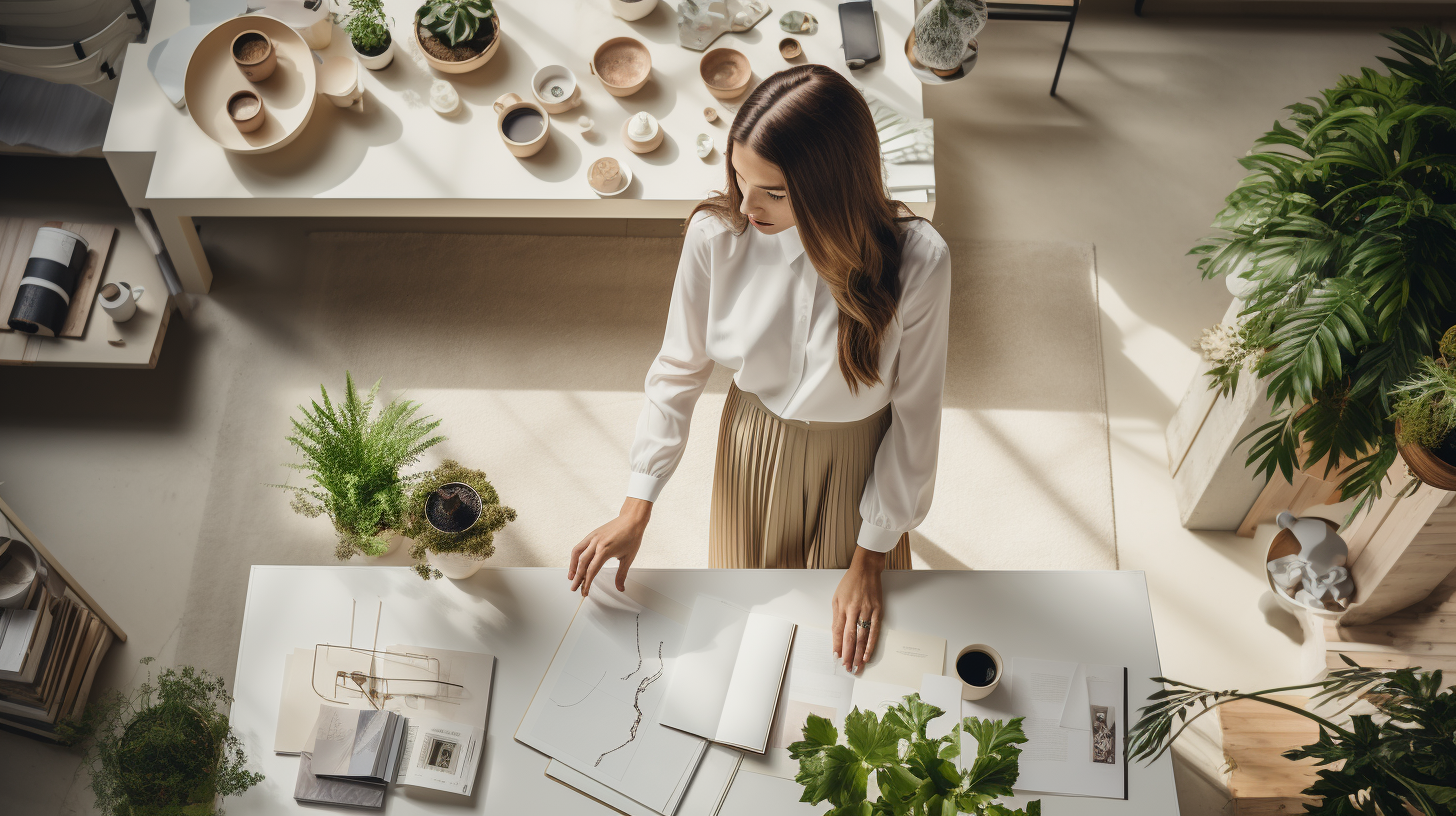 Female interior designer examining floor plan