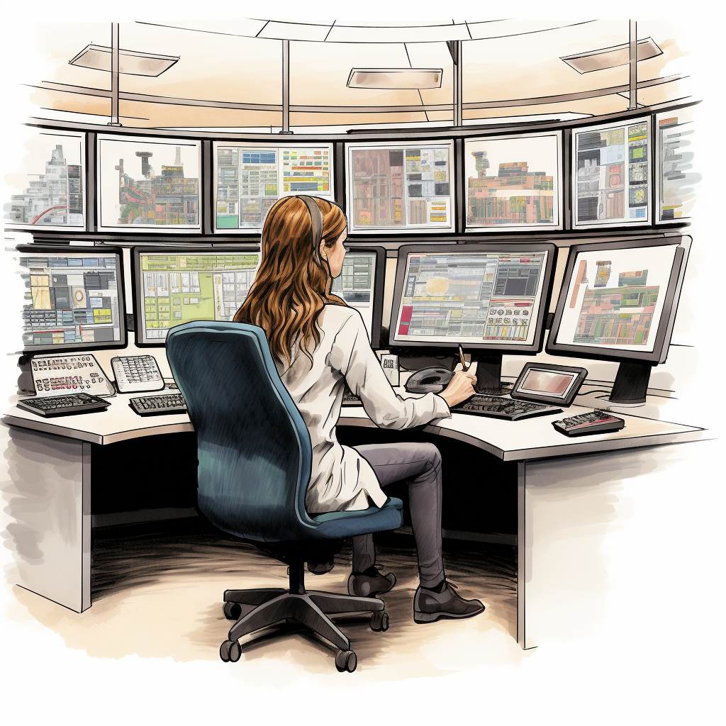 Young female IT professional in control room