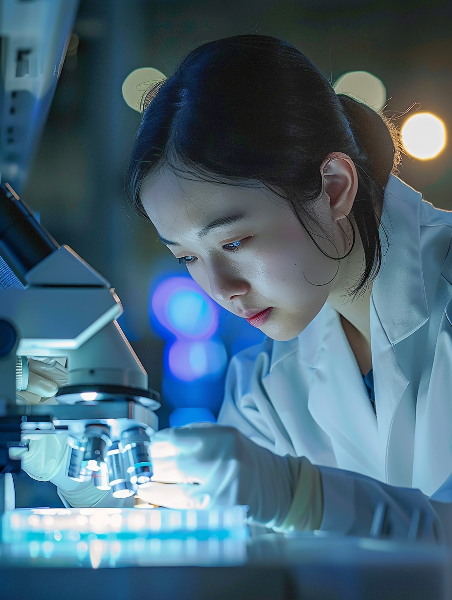 Female Japanese lab technician microscope focus