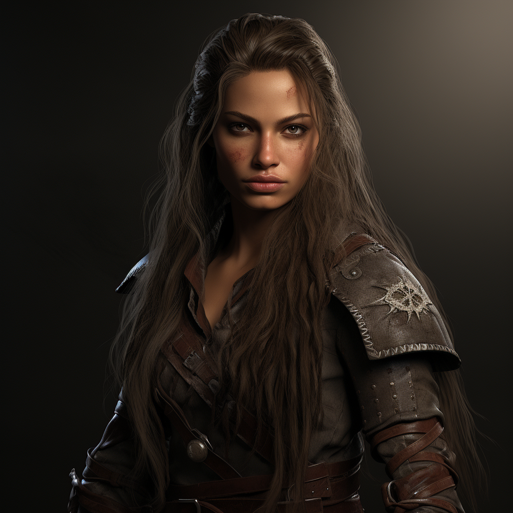 Realistic female ranger with braided hair in leather attire