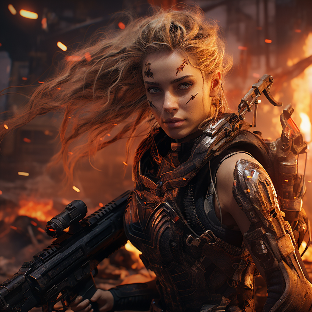 Brave female marine in cyberpunk warzone  ?