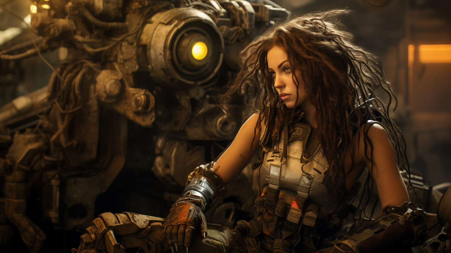 Female mech warrior with dark hair and tattoo