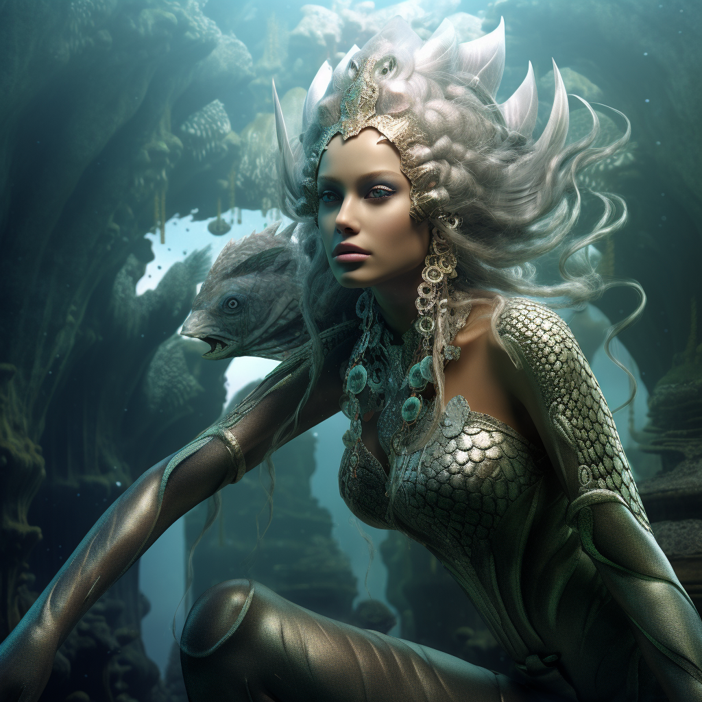 Beautiful mermaid with scaled skin in underwater fantasy .