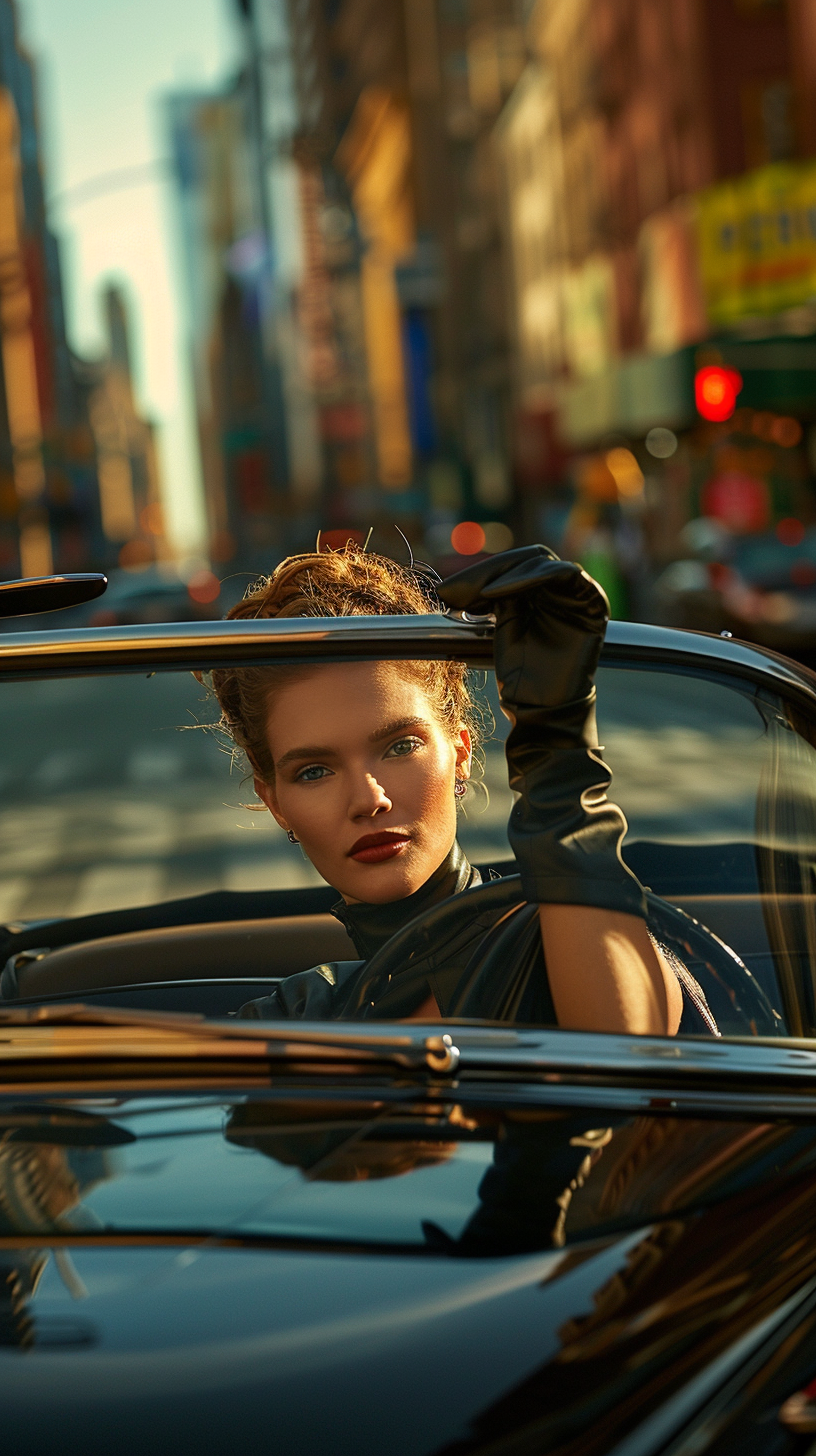 Female model driving convertible in city