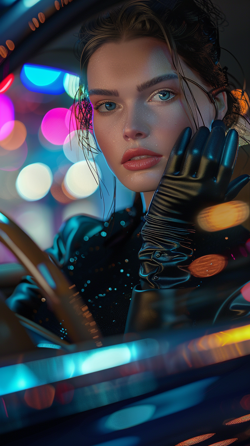 Female model in black gloves luxury car