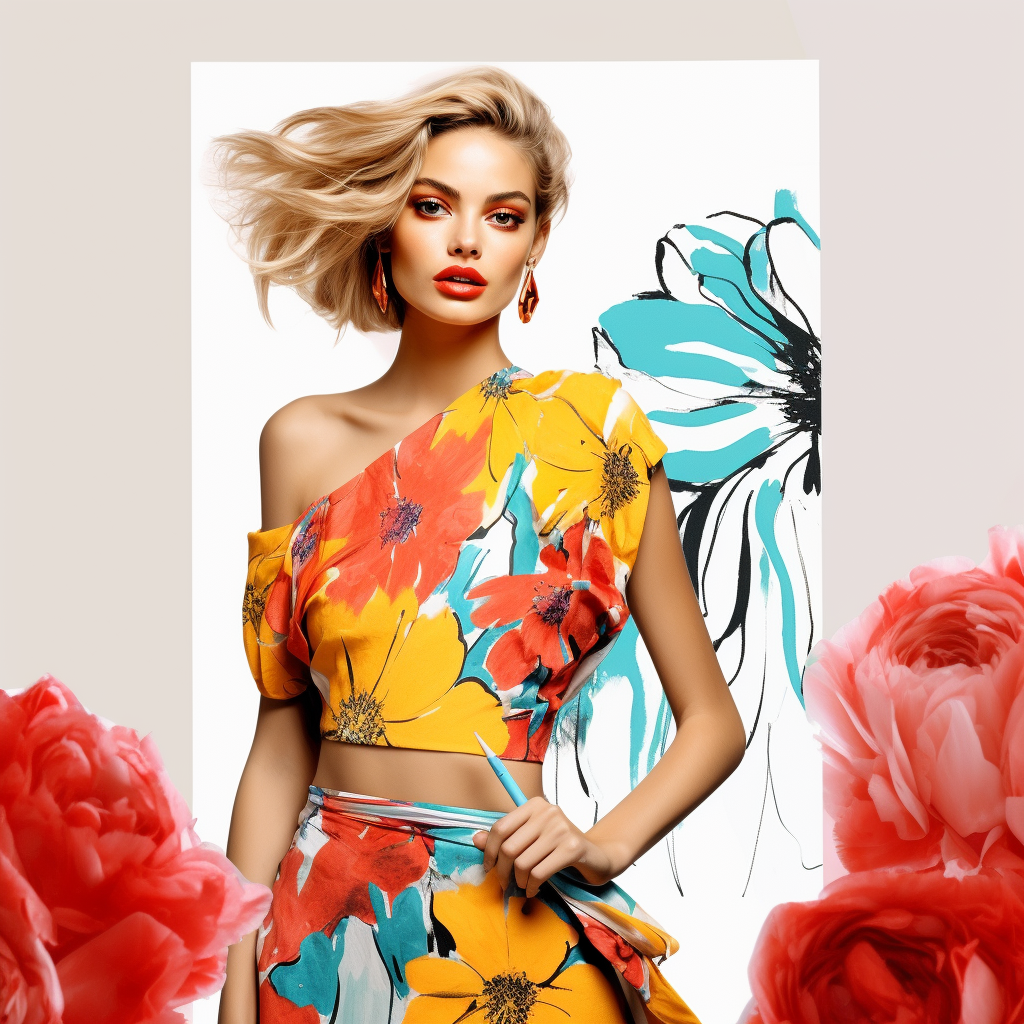 Sketch style image of female model in floral dress