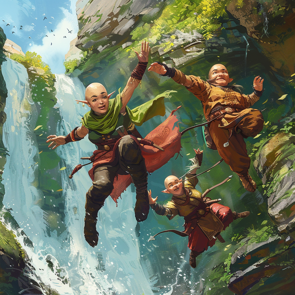 Female monk and chubby halfling at waterfall