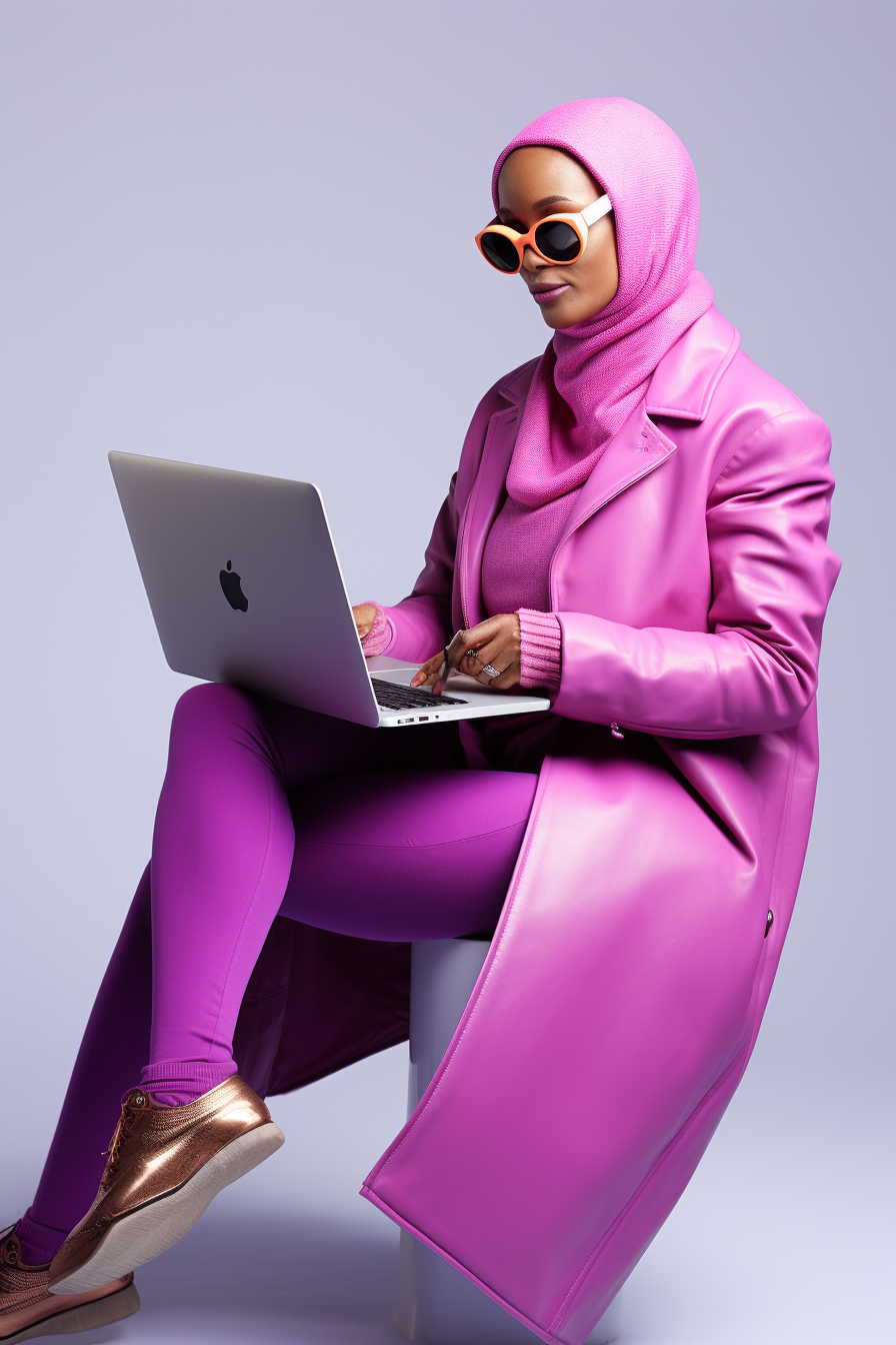 Happy female Muslim teacher using laptop