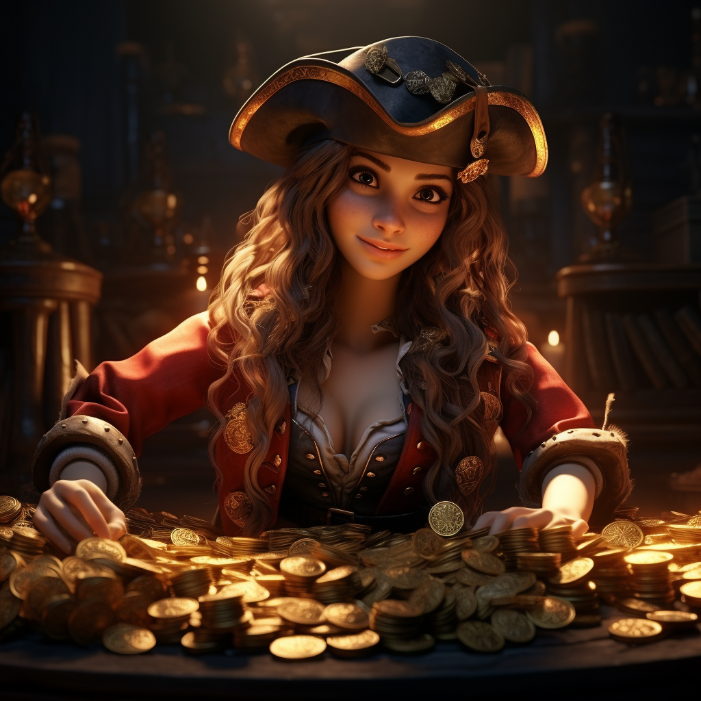 Female pirate cartoon scattering gold coins