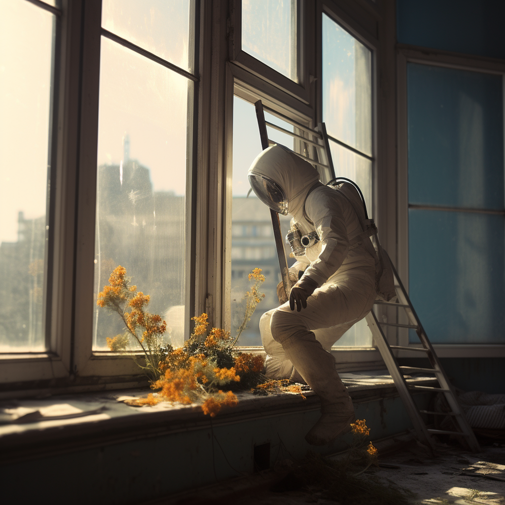 Female Polish cosmonaut cleaning windows - MidJourney Prompt