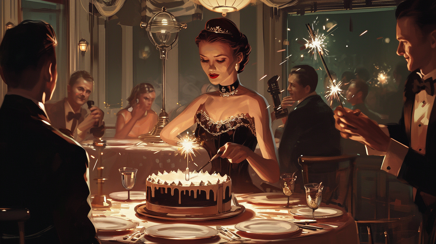 Female robot bringing birthday cake to elegant celebration