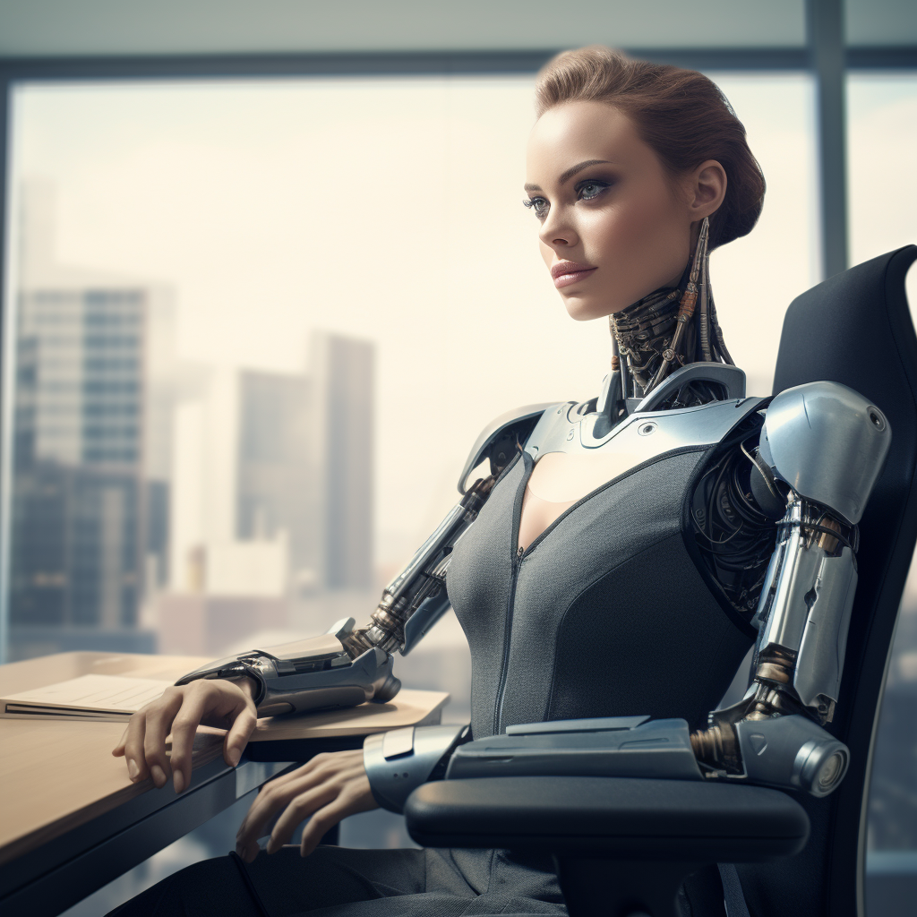 Female robot sitting at executive office desk