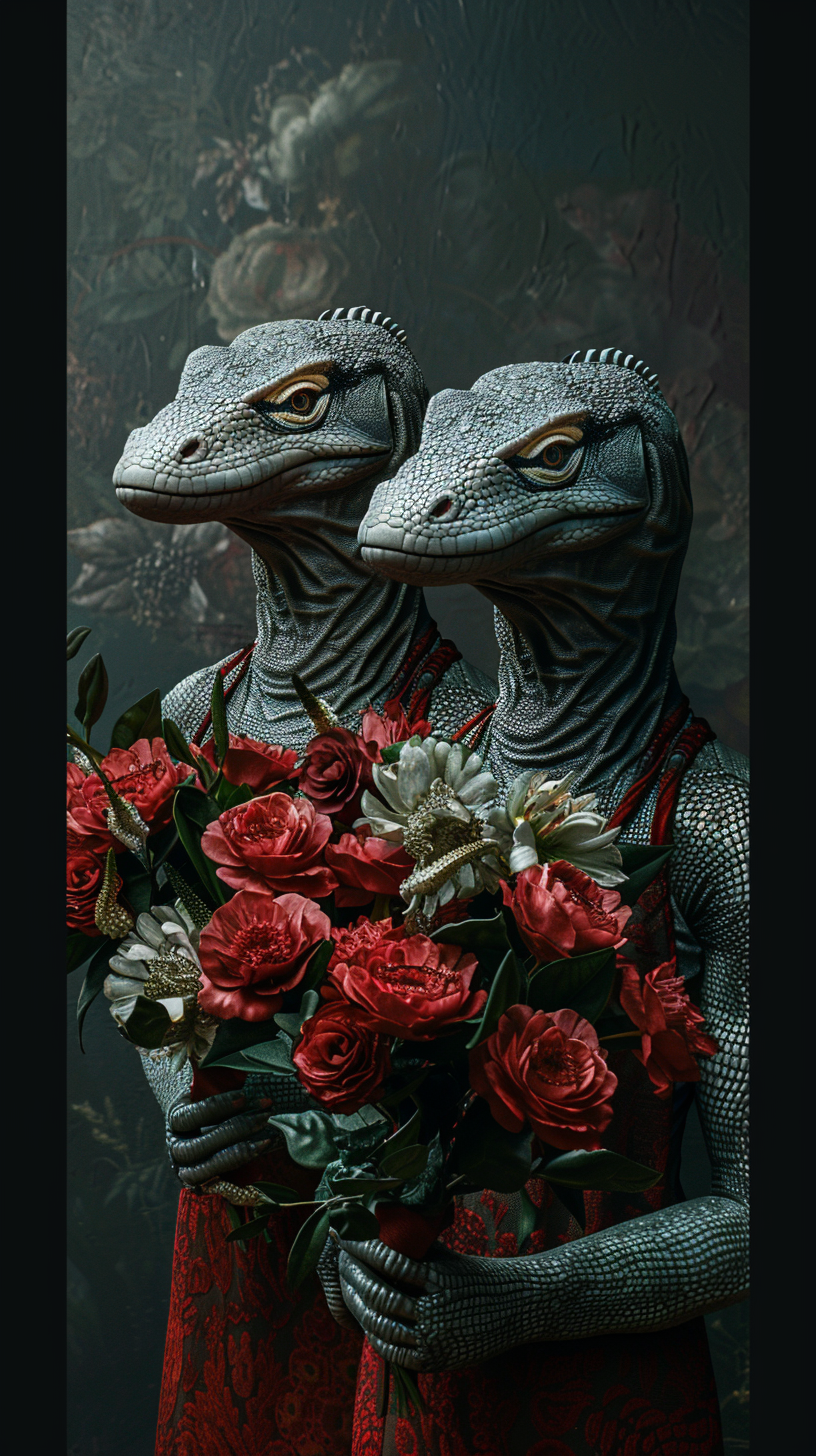 Human-robot hybrid beings holding bouquets