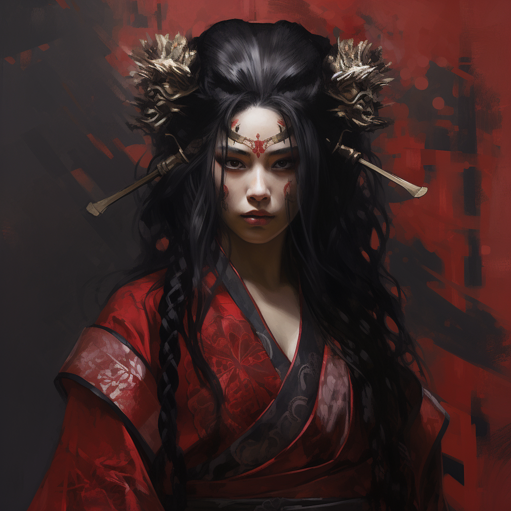 Female Samurai with Dark Venetian Mask