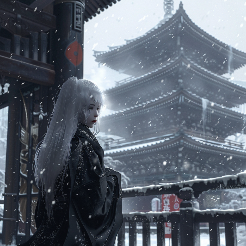 Female samurai god anime character with white hair