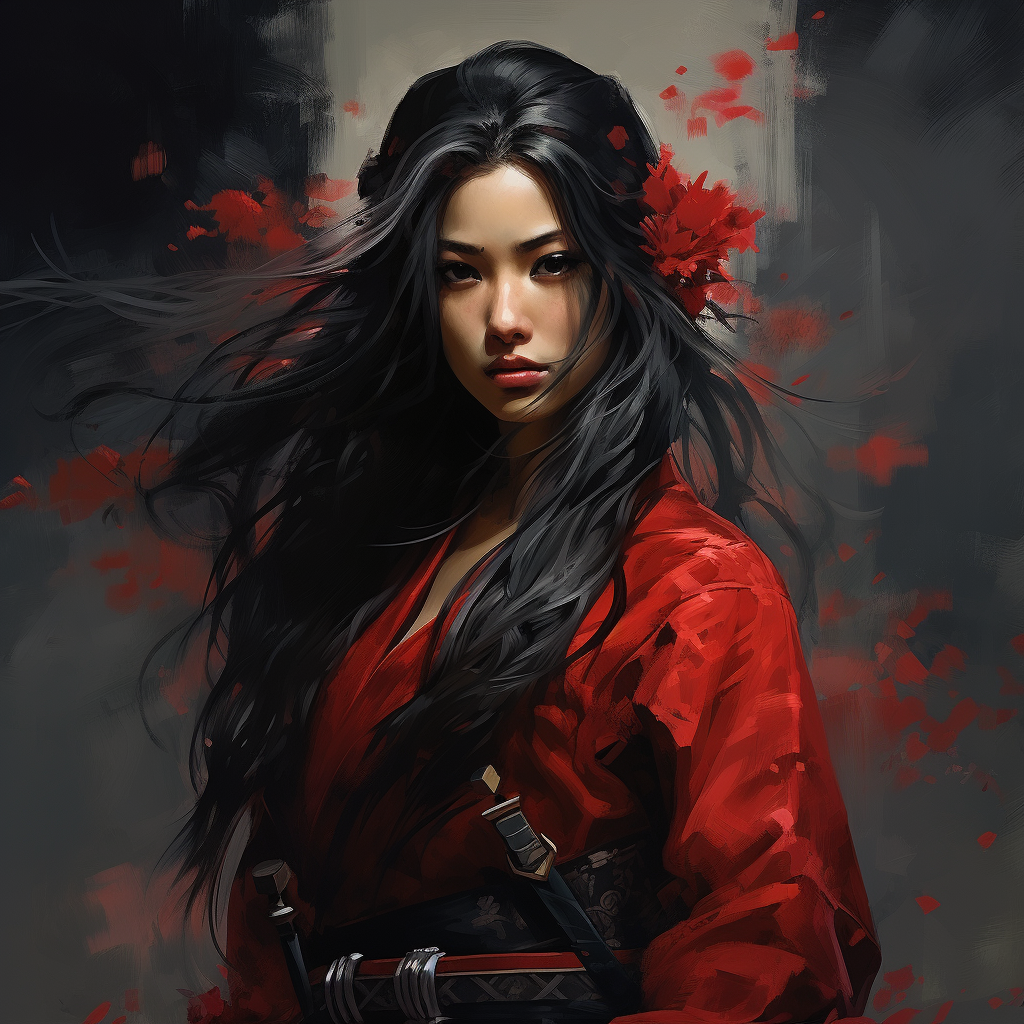 Female samurai with a small black mask and red kimono