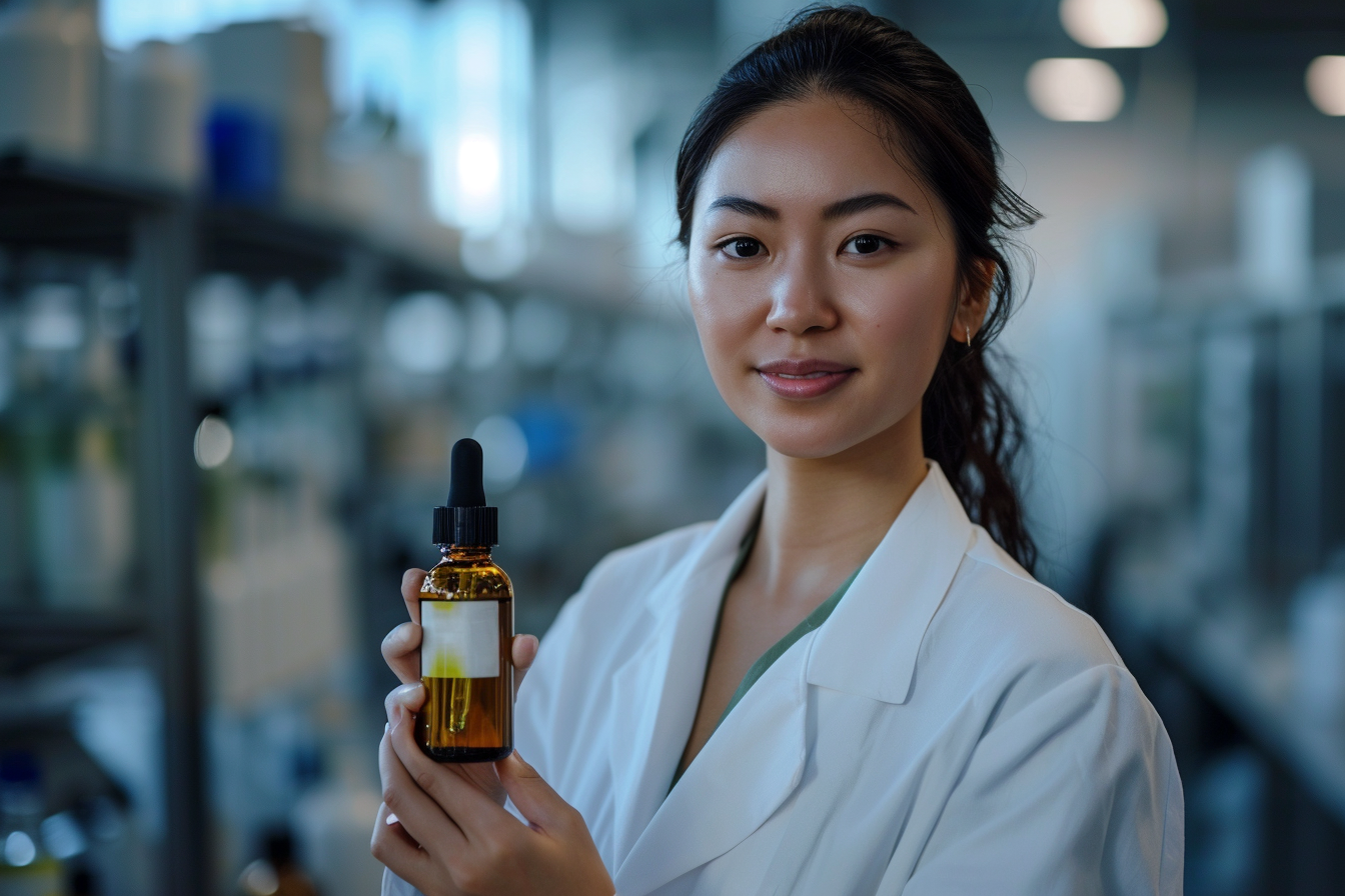 Female scientist holding luxury skincare product