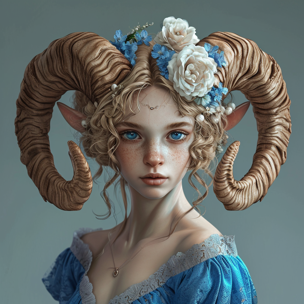 Female sheep satyr with blue eyes and curled horns