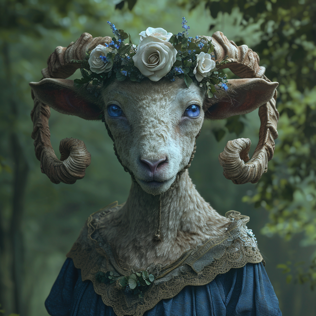 Female sheep satyr with blue eyes and curled brown horns