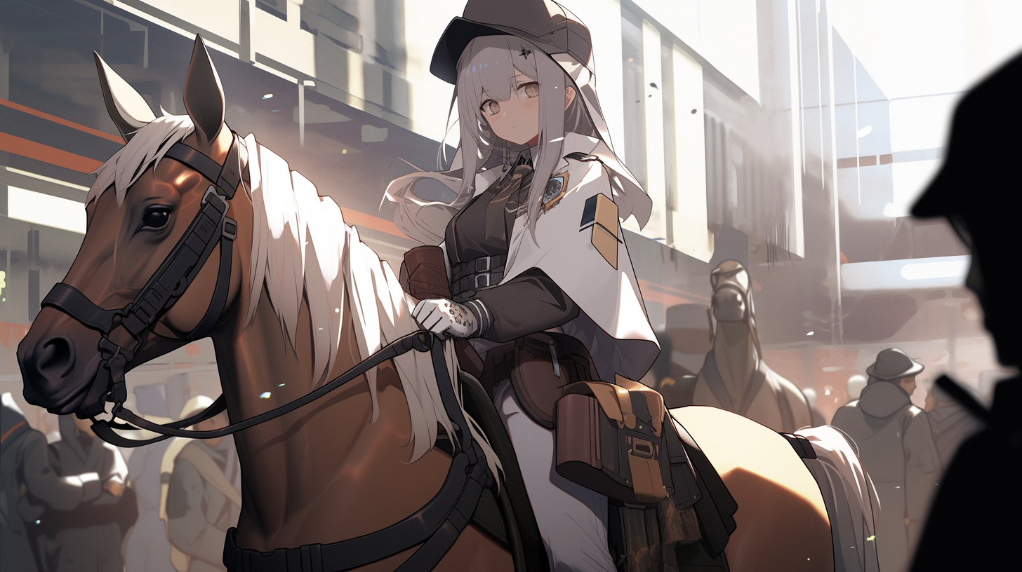 Female sheriff on horse in bank