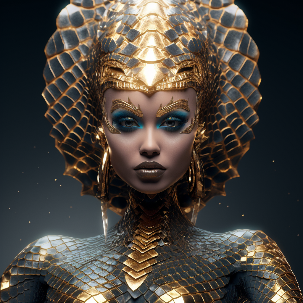 Female wearing golden crown with snake scale skin