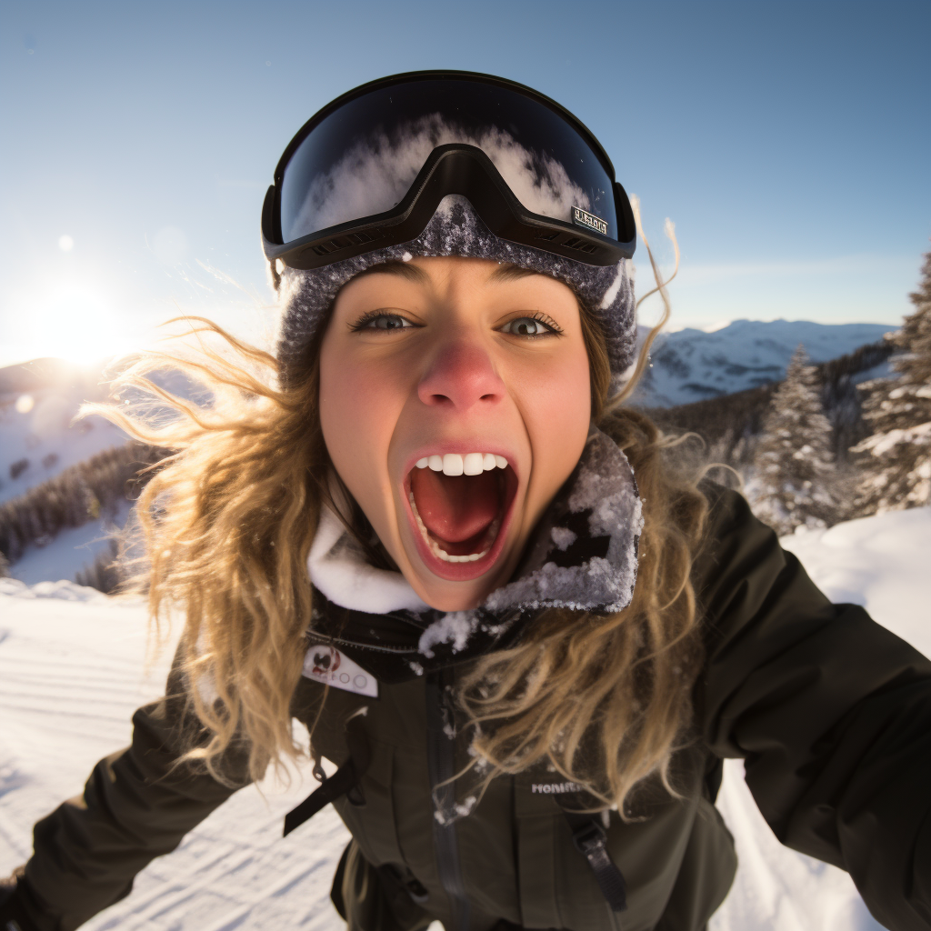 Female snowboarder sticking tongue out