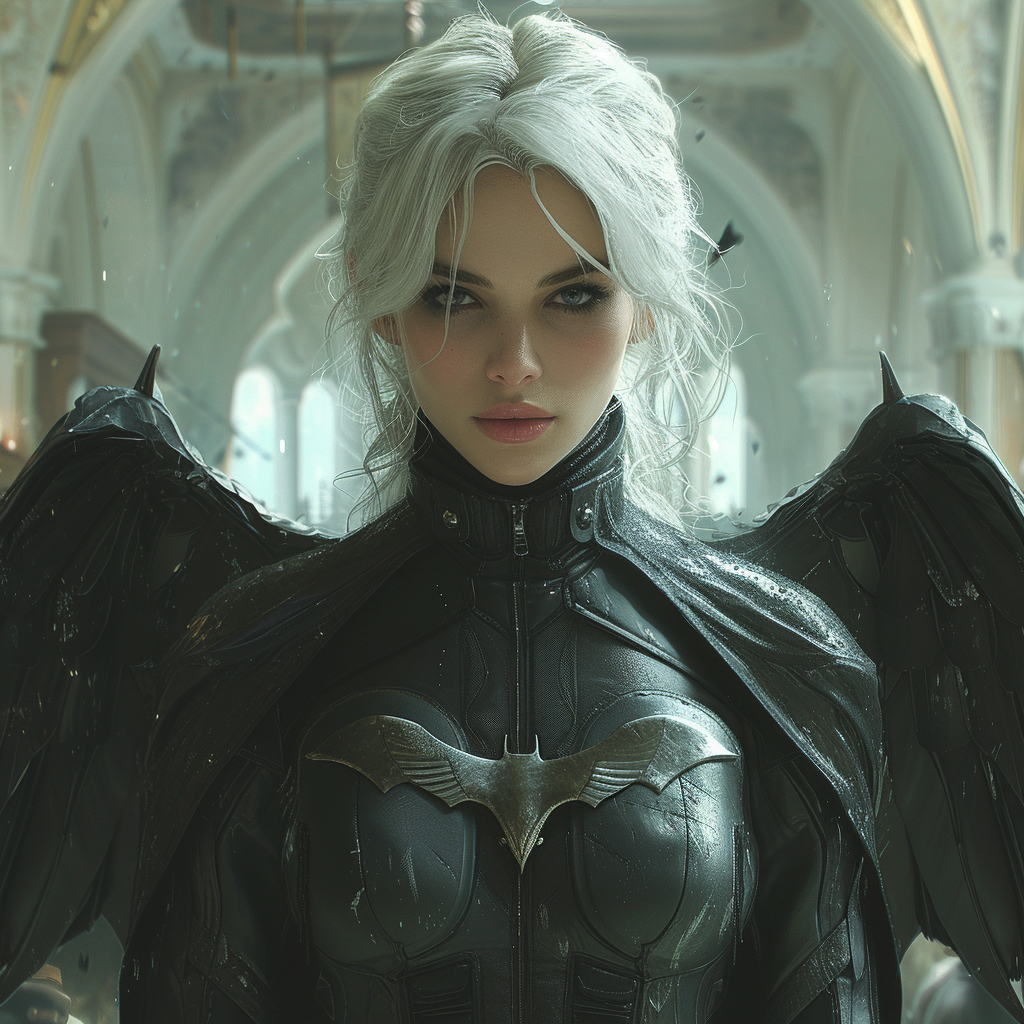 Female soldier with black batwings, white hair, and white eyes