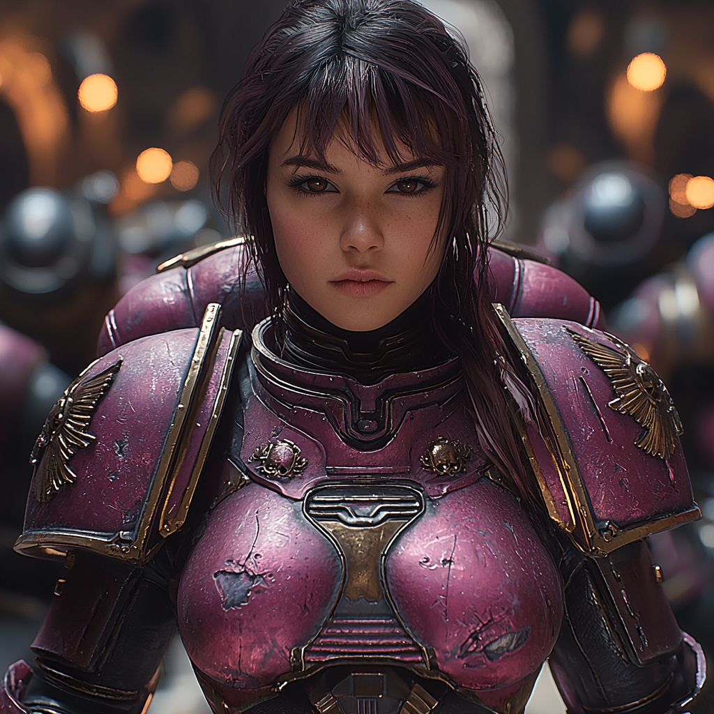 female space marine in dark purple armor, neon pink.