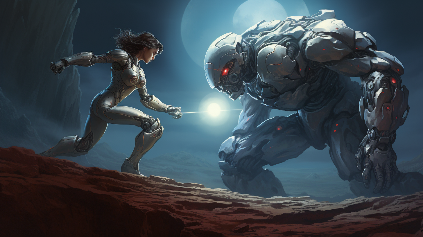 Female Superhero Fighting Evil Robot on Moon