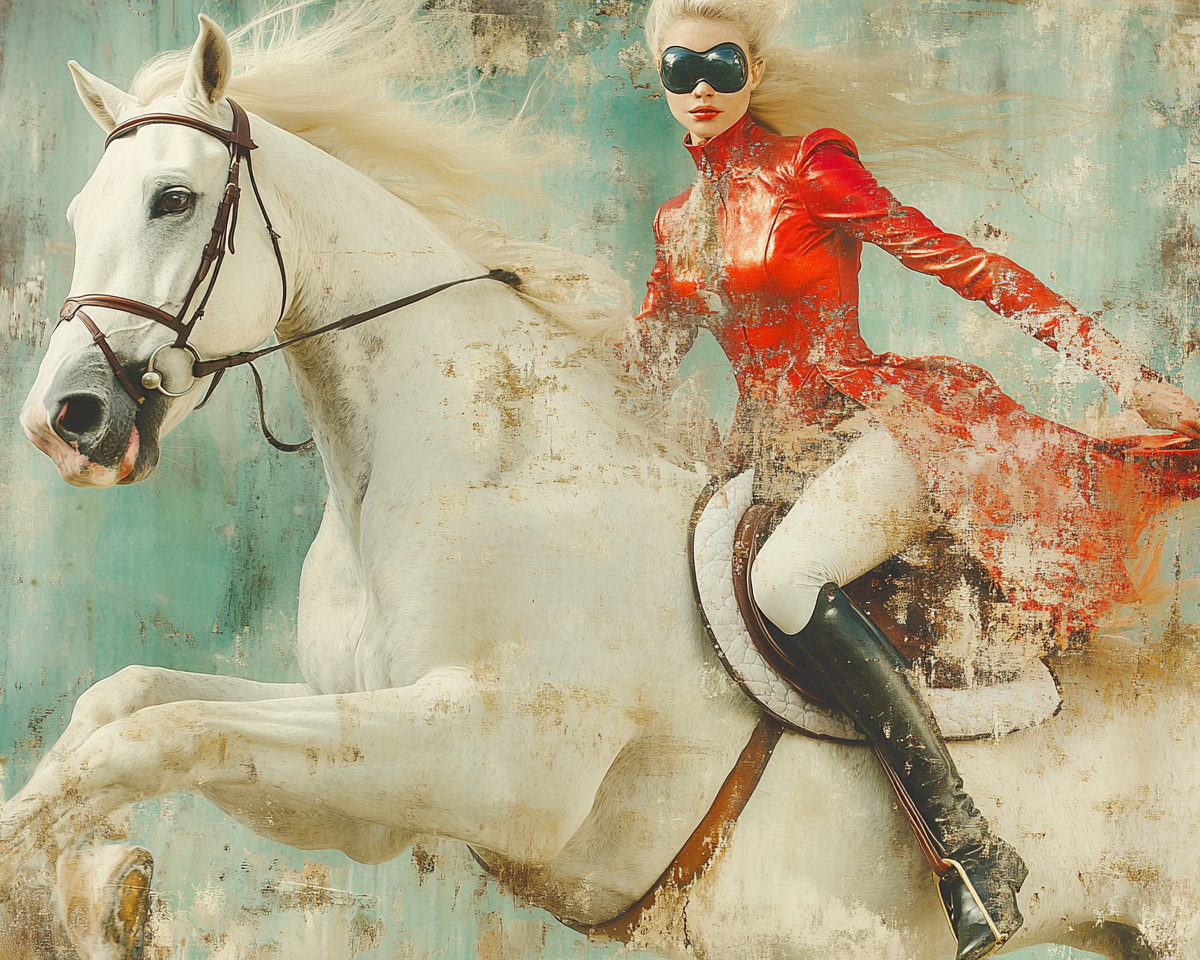 female superhero balancing on horseback