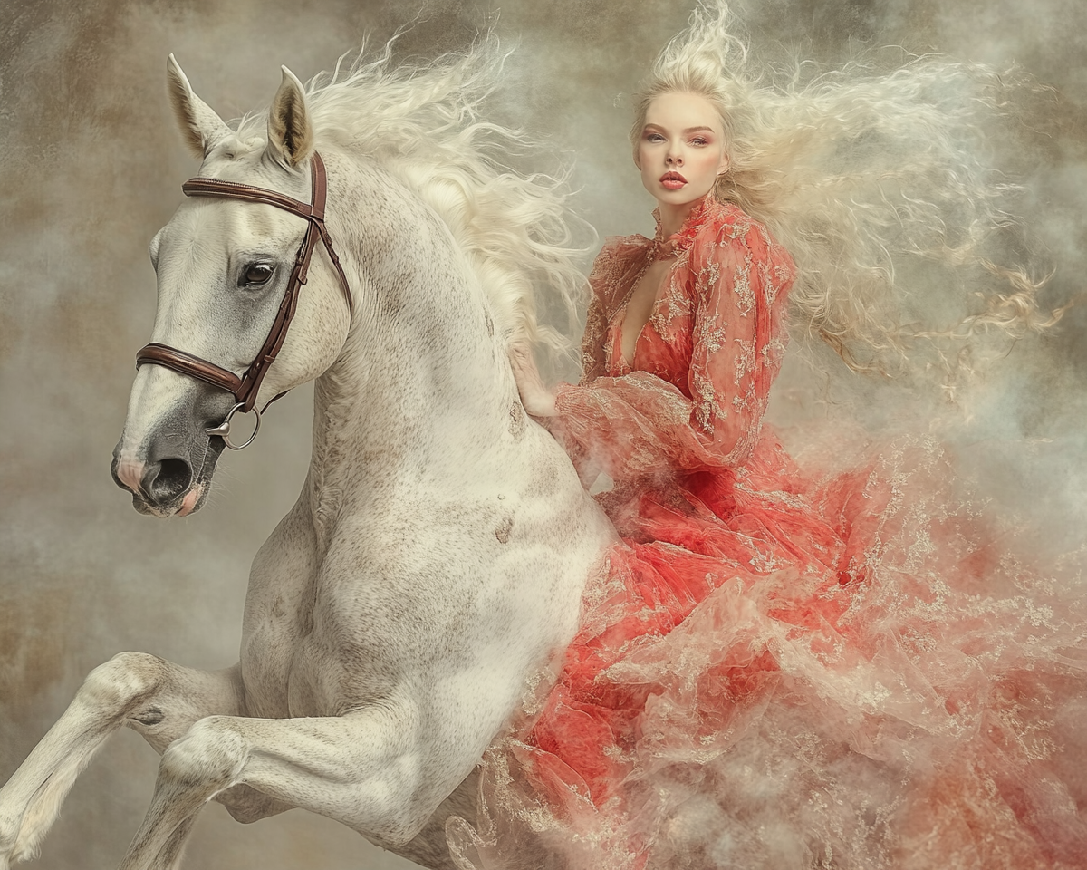 Female superhero balancing on white horse