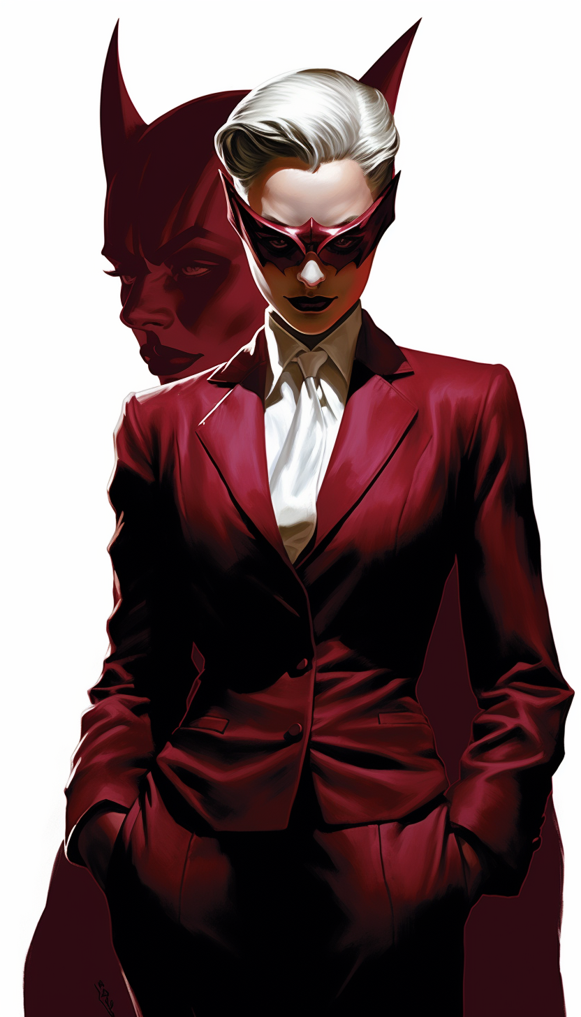 Female supervillain in a burgundy suit, wearing a sad white rabbit mask