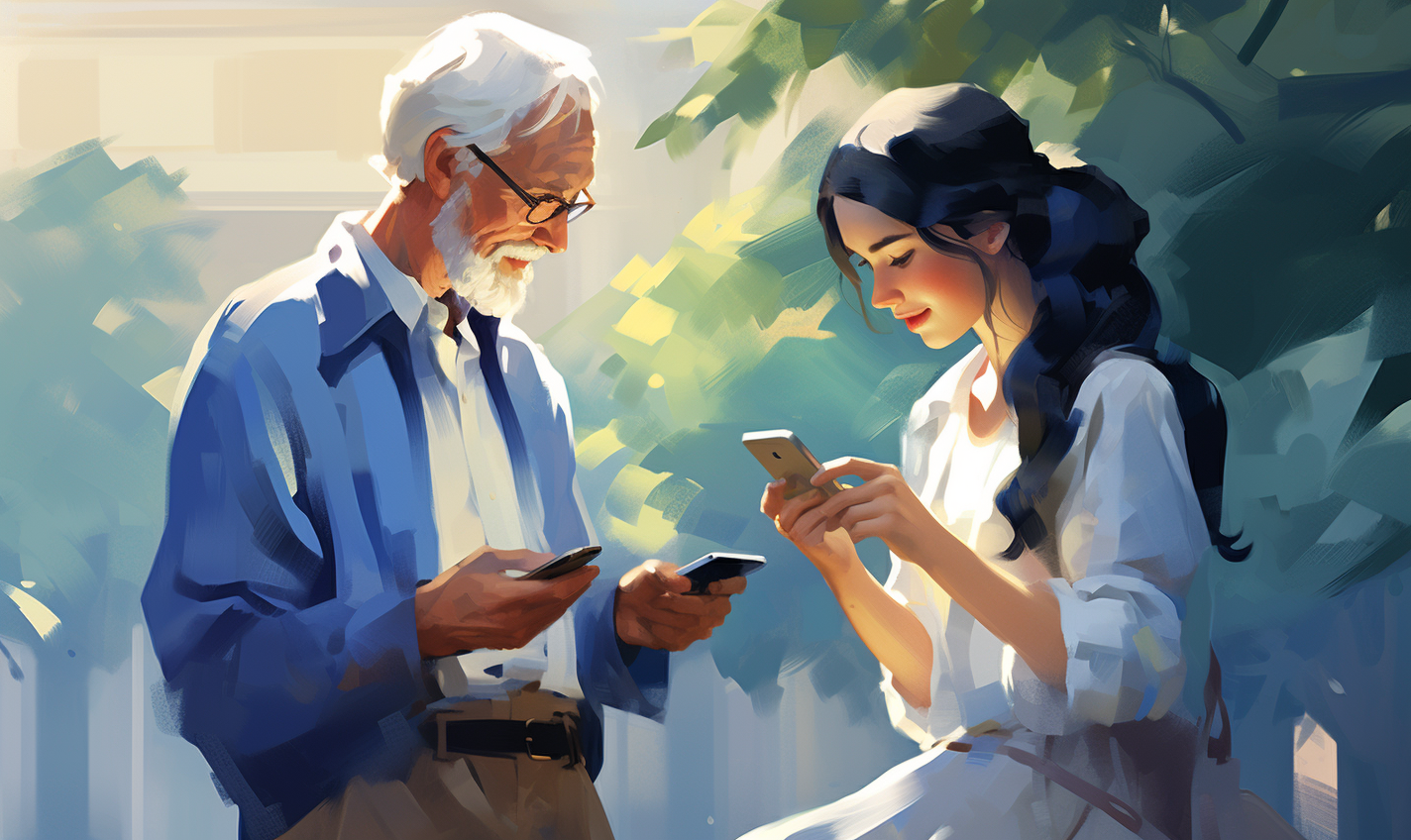 Female tech wizard helping older gentleman with iPhone