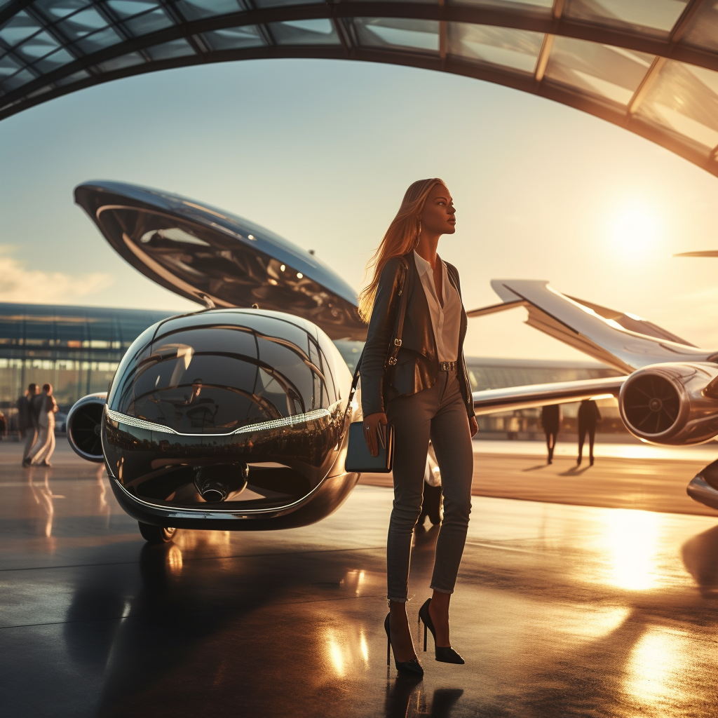 Female traveler exiting flying taxi on airport tarmac