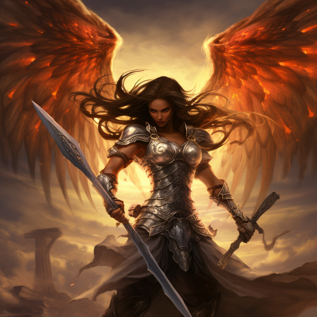 Female warrior angel fighting a demon bravely.