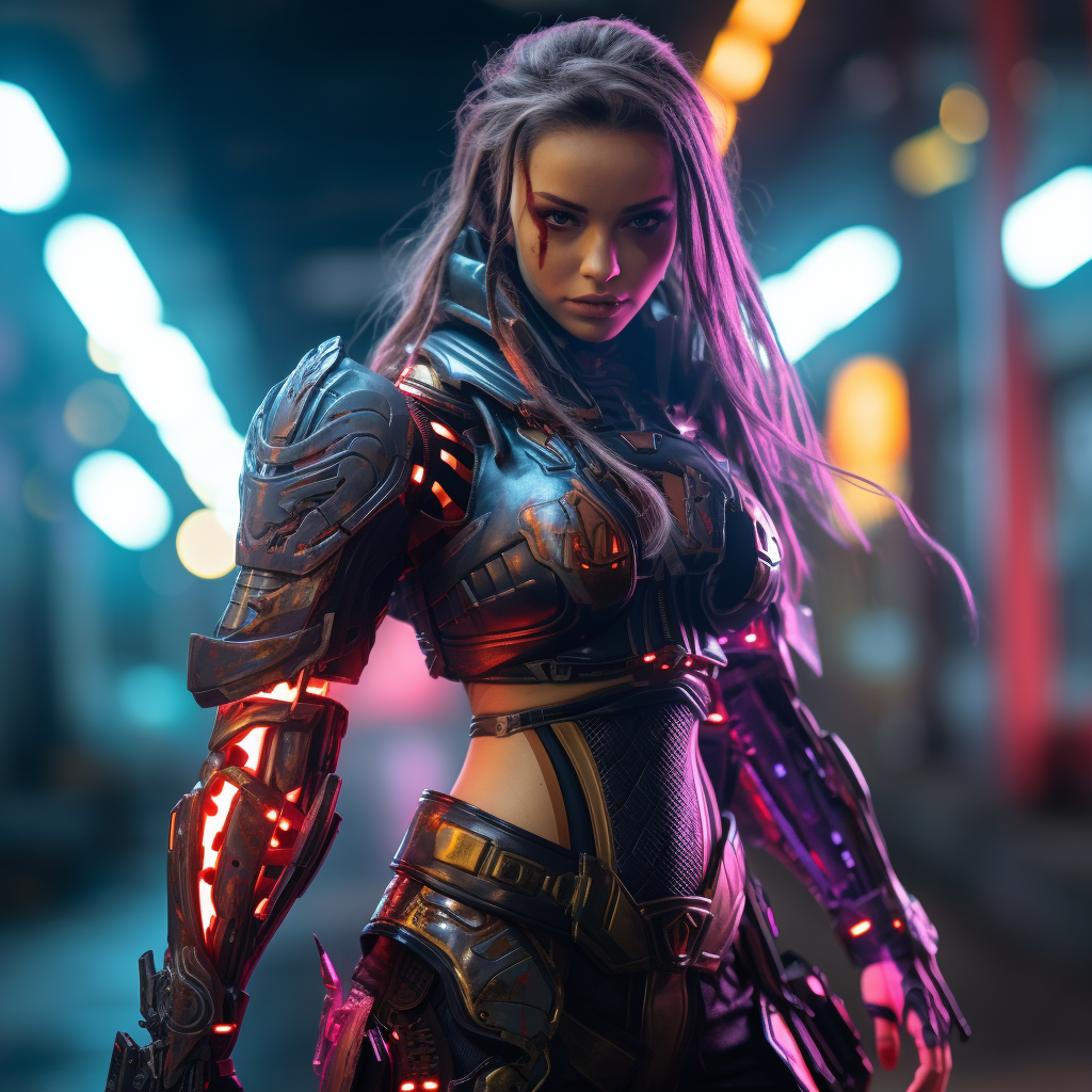 Female warrior in cyberpunk neon battle