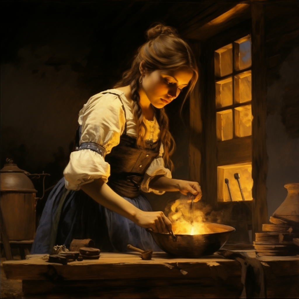 Brave female warrior cooking meal