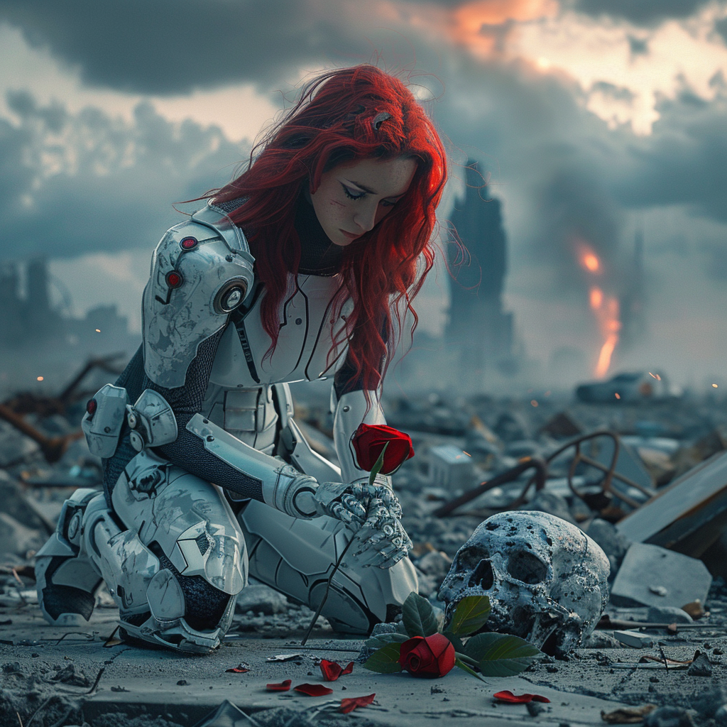 Warrior with Rose in Post-Apocalyptic Landscape